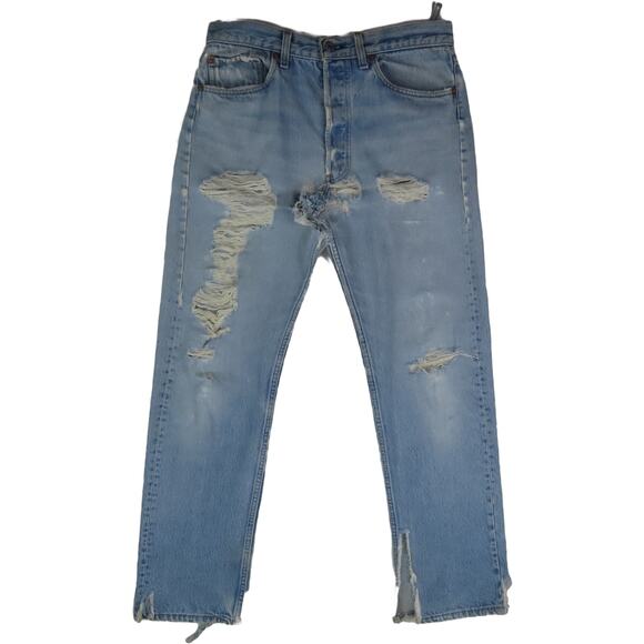 80s Vintage Levi's 501 Distressed Light Wash High Waisted Boho Denim Jeans 31 - Picture 3 of 13